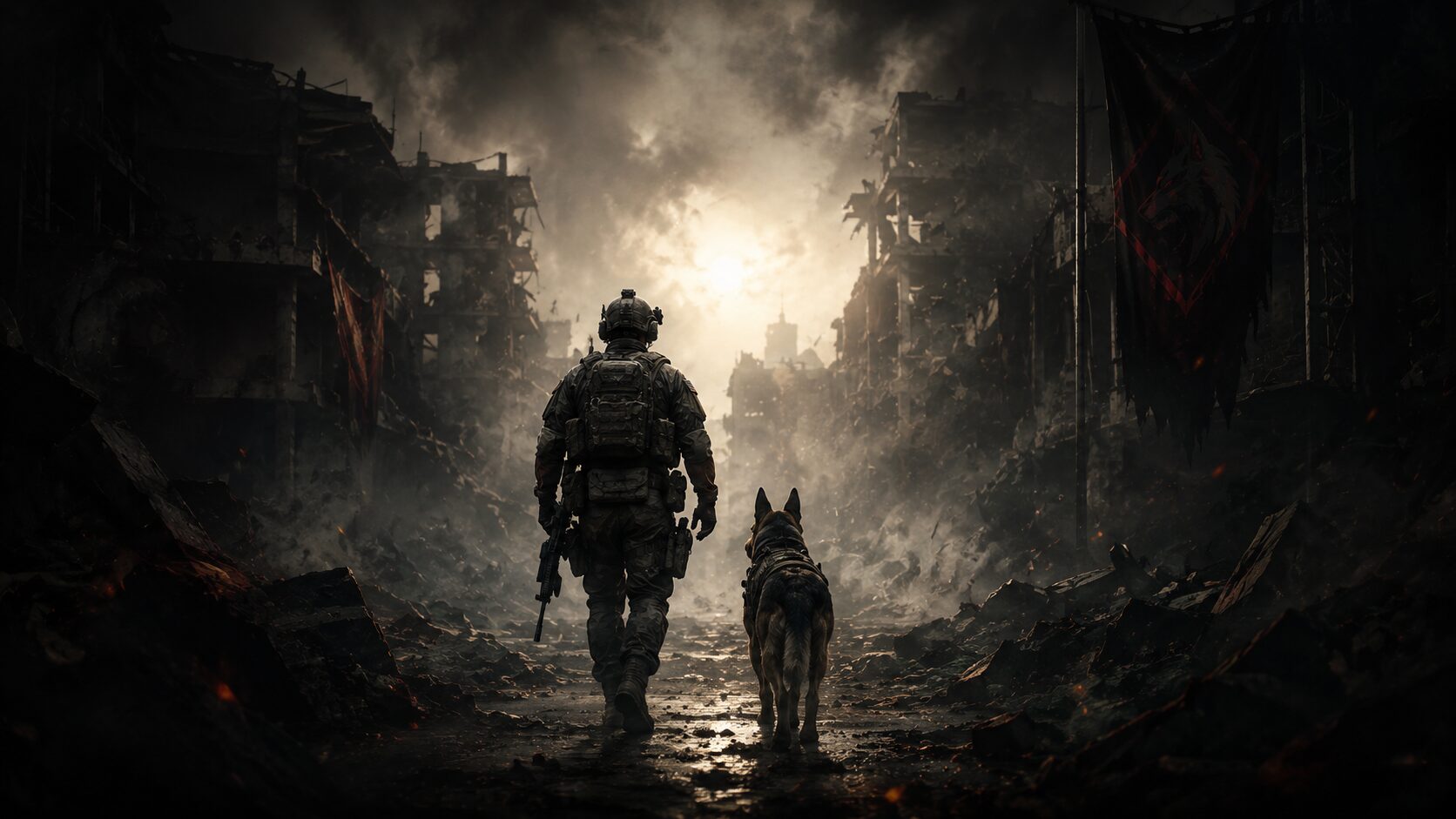 A handler and his Hound walking forward together through ruins toward the light